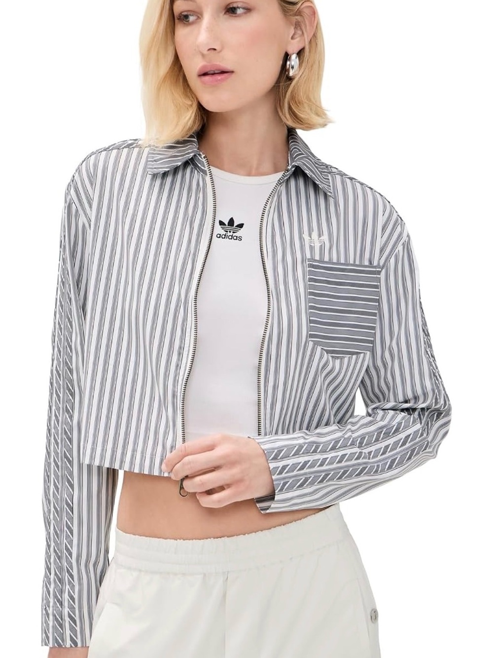 Adidas Women POPLIN SHIRT Medium Gray Stripe Crop Zip-Up Shirt New